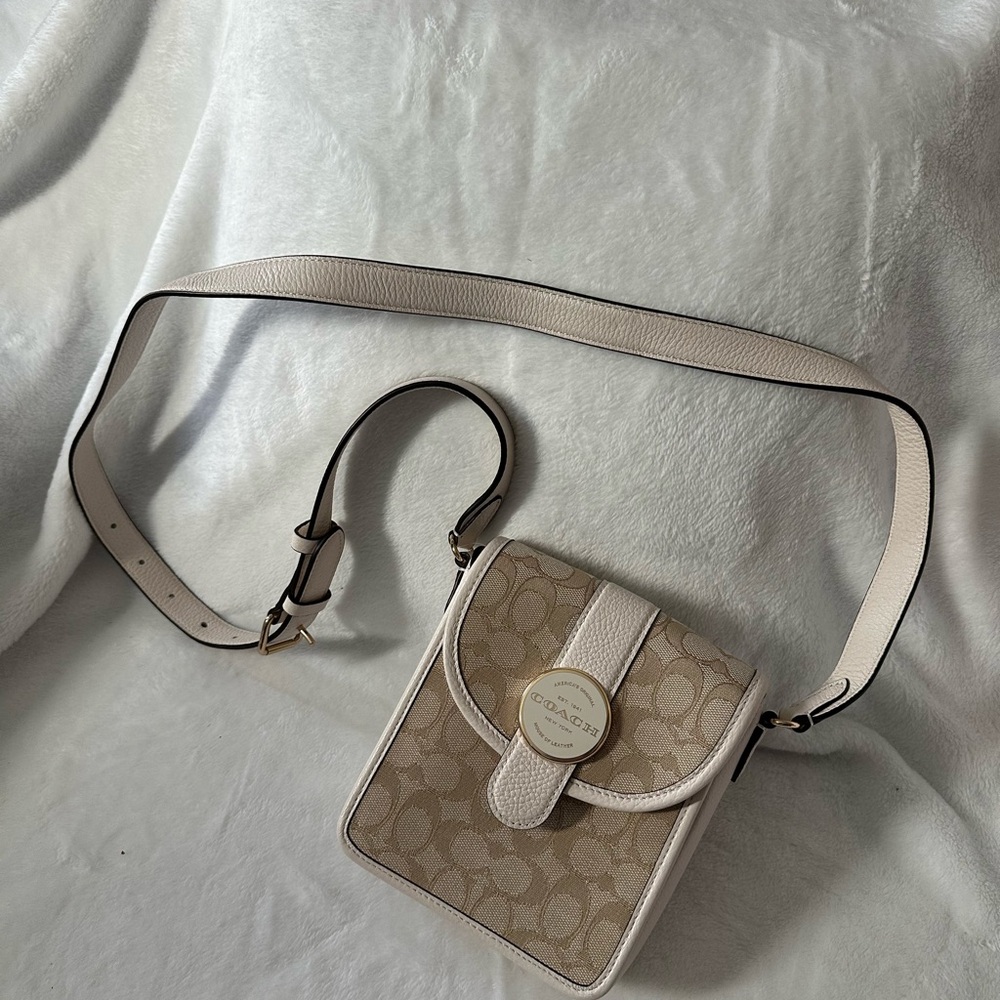 Coach Beige Signature Canvas Crossbody Bag with Cream Leather Trim